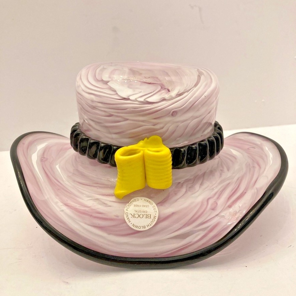 Block Crystal Mouth Blown Pink Glass Hat Bowl Hand Cut Hand Polished Lead free